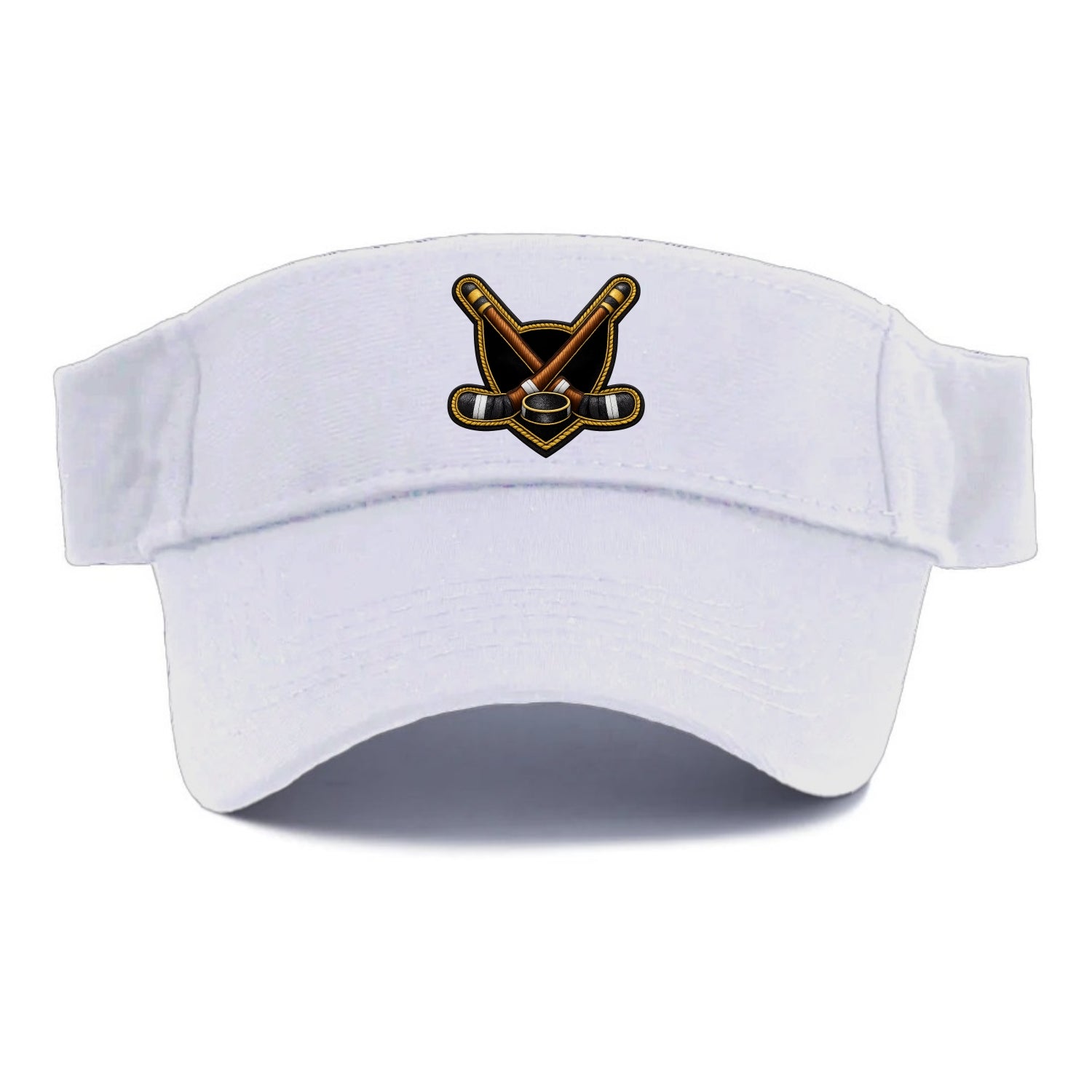Embroidered patch design - HOCKEY CROSSED STICKS - ice hockey sticks with puck in brown, - Visor - White