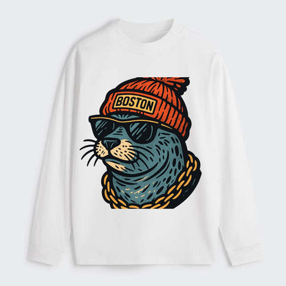 Boston Harbor Seal wearing Boston beanie with pom pom and wayfarer - Classic Long Sleeve Shirt - White