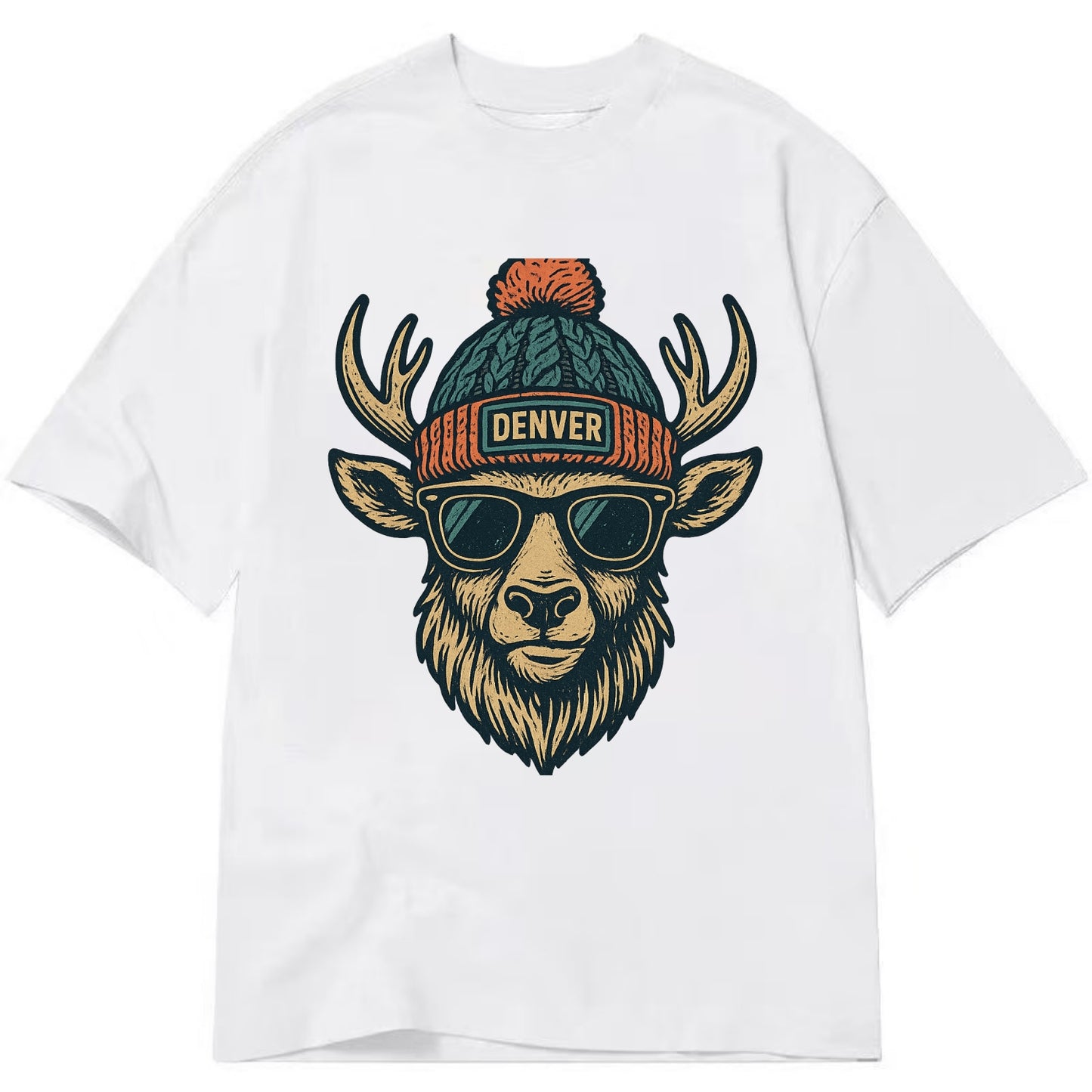 Denver Elk wearing Denver beanie with pom pom and wayfarer sunglasses - Classic T-shirt - White