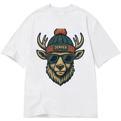 Denver Elk wearing Denver beanie with pom pom and wayfarer sunglasses - Classic T-shirt - White