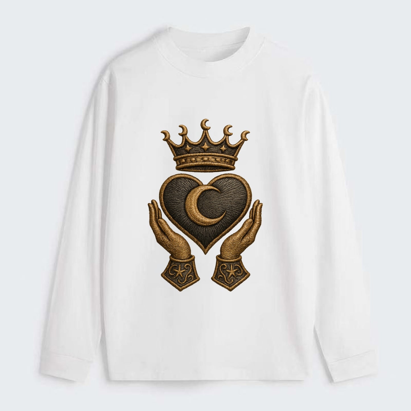 Moonlit crescent crown cradling a hematite heart with stargazer hands - Classic Long Sleeve Shirt - White