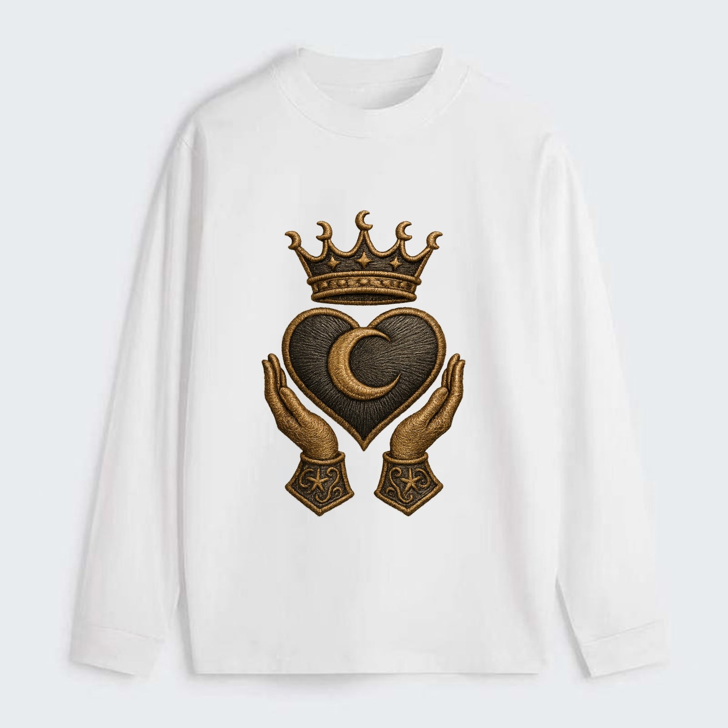 Moonlit crescent crown cradling a hematite heart with stargazer hands - Classic Long Sleeve Shirt - White