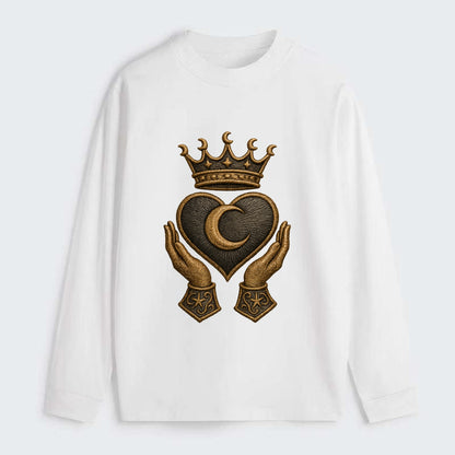 Moonlit crescent crown cradling a hematite heart with stargazer hands - Classic Long Sleeve Shirt - White