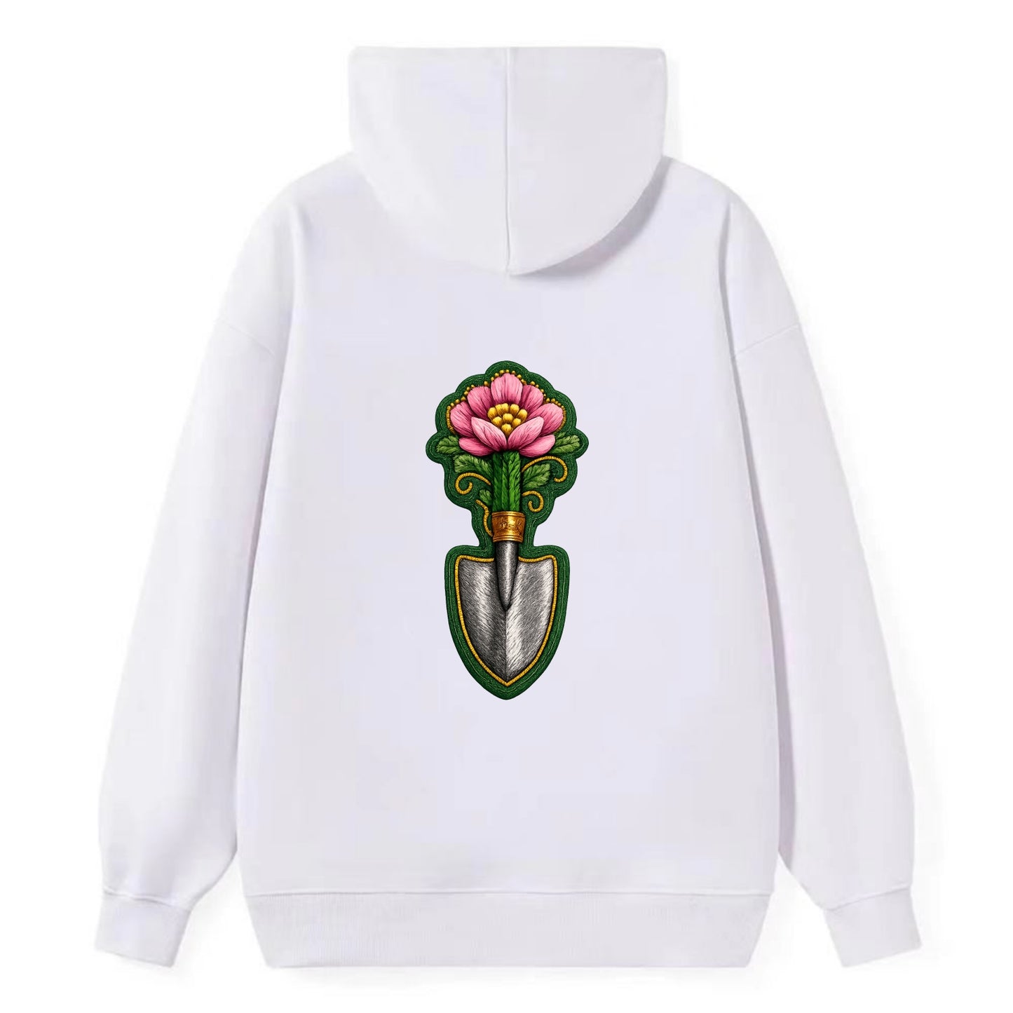 Embroidered patch design - GARDENING TROWEL FLOWER - garden tool with - Classic Pullover Hoodie - White