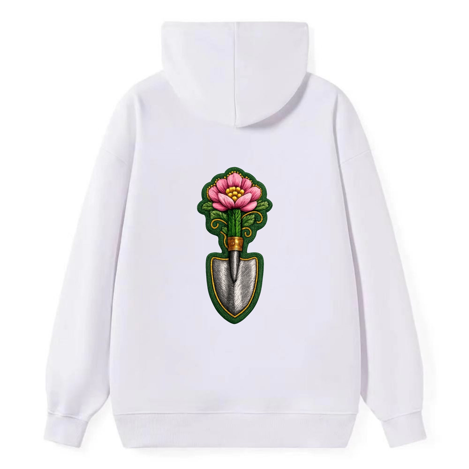 Embroidered patch design - GARDENING TROWEL FLOWER - garden tool with - Classic Pullover Hoodie - White