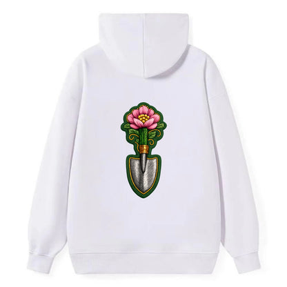 Embroidered patch design - GARDENING TROWEL FLOWER - garden tool with - Classic Pullover Hoodie - White