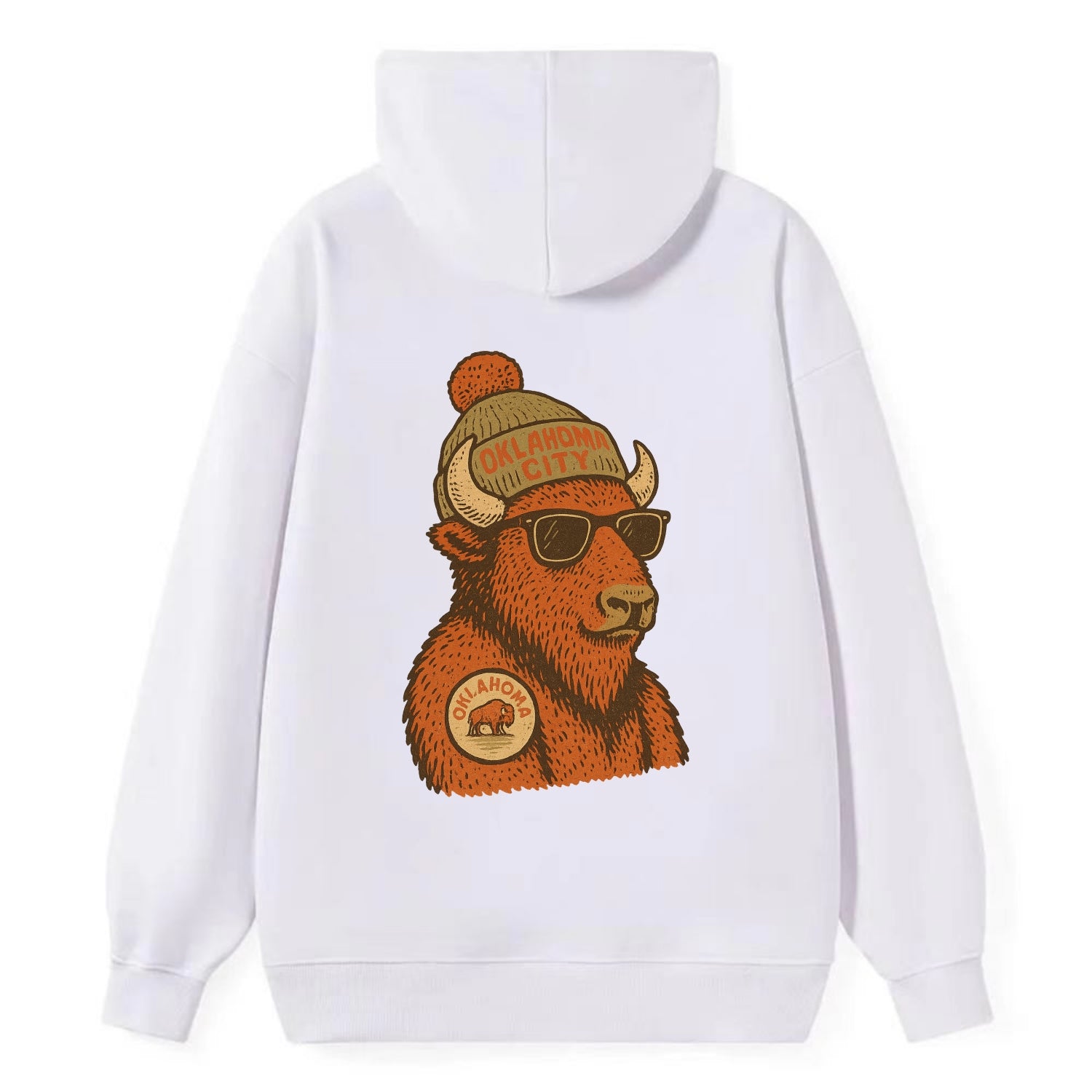Oklahoma Buffalo wearing Oklahoma City beanie with pom pom and wayfarer - Classic Pullover Hoodie - White