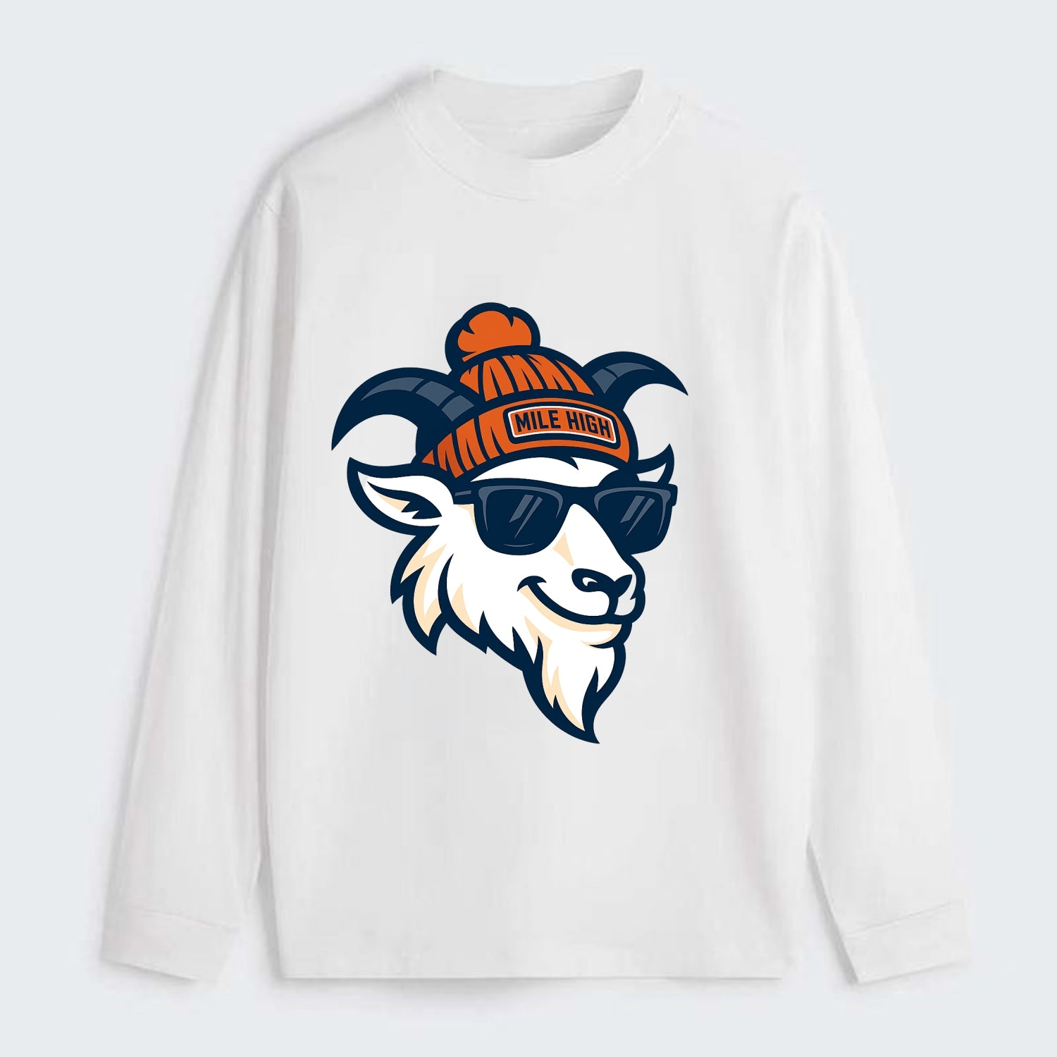 Denver Mountain Goat wearing Broncos beanie with Mile High patch and - Classic Long Sleeve Shirt - White