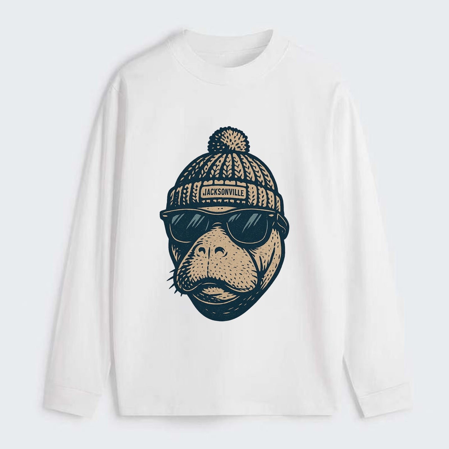 Jacksonville Manatee wearing Jacksonville beanie with pom pom and - Classic Long Sleeve Shirt - White