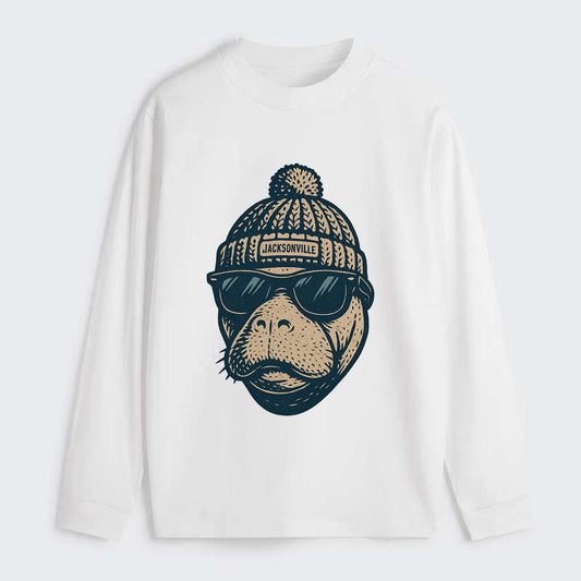 Jacksonville Manatee wearing Jacksonville beanie with pom pom and - Classic Long Sleeve Shirt - White
