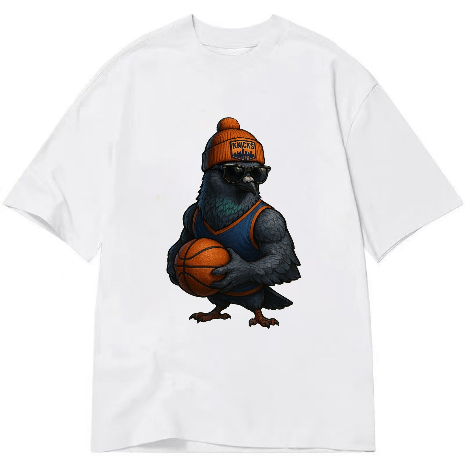 Manhattan Pigeon wearing Knicks beanie with skyline patch and wayfarer sunglasses - Classic T-shirt - White