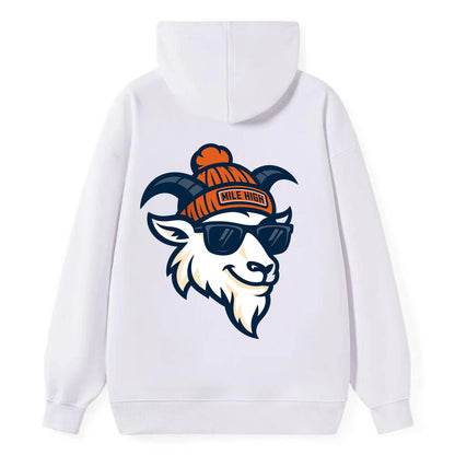 Denver Mountain Goat wearing Broncos beanie with Mile High patch and - Classic Pullover Hoodie - White
