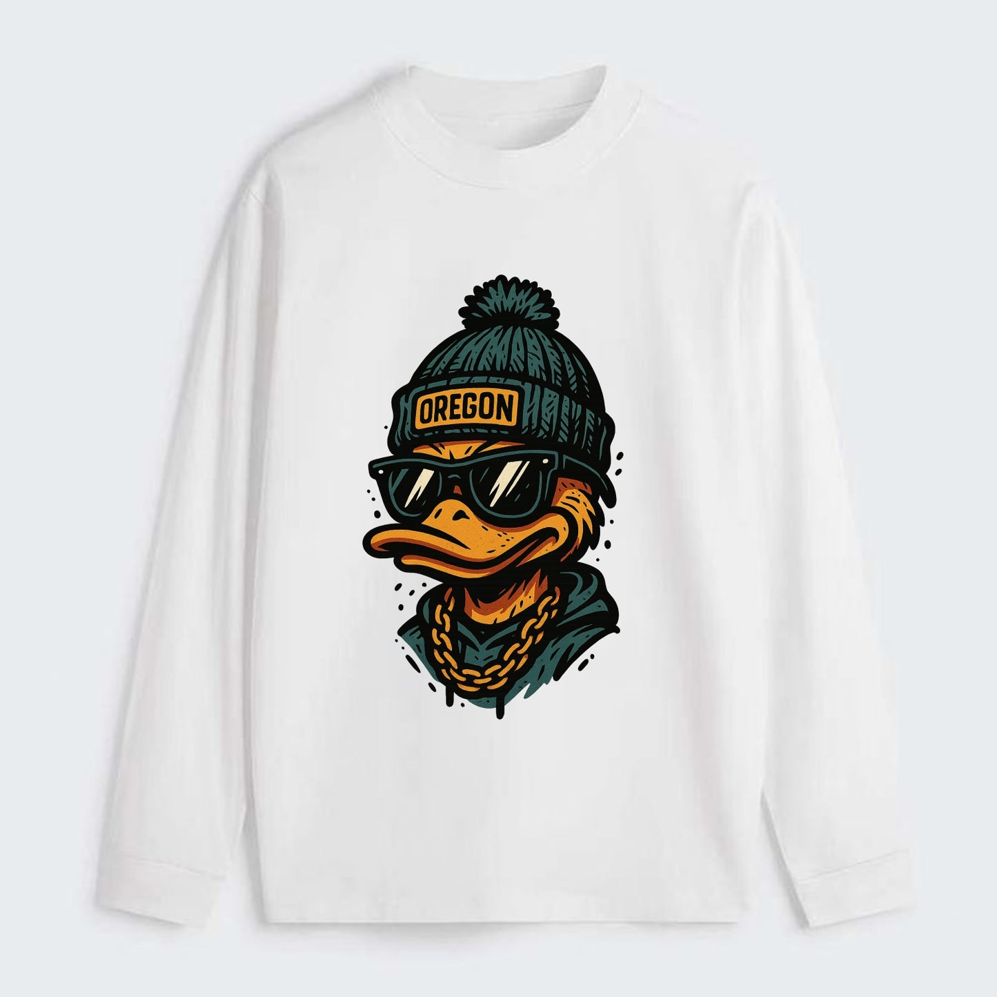 Eugene Duck wearing Oregon beanie with p - Classic Long Sleeve Shirt - White