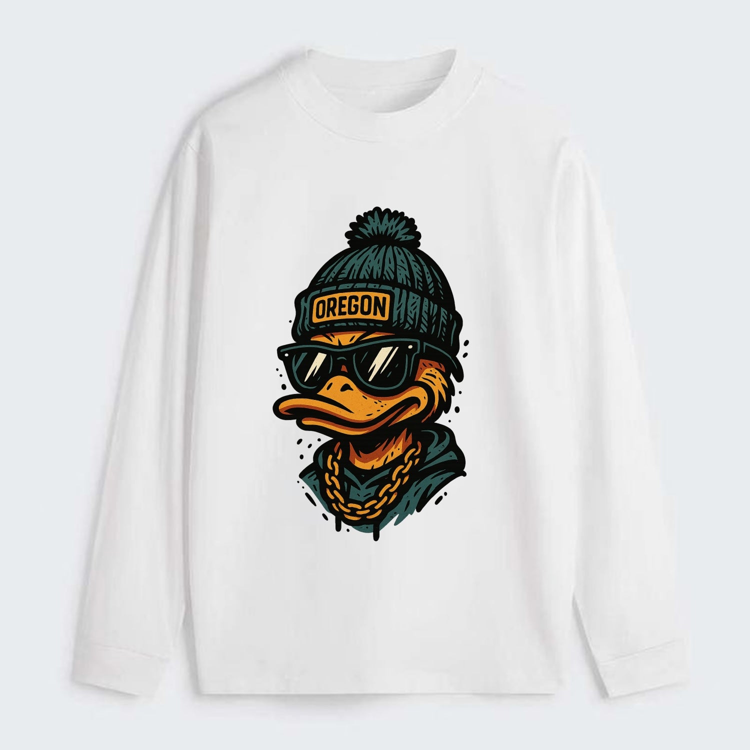 Eugene Duck wearing Oregon beanie with p - Classic Long Sleeve Shirt - White