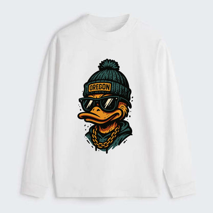 Eugene Duck wearing Oregon beanie with p - Classic Long Sleeve Shirt - White
