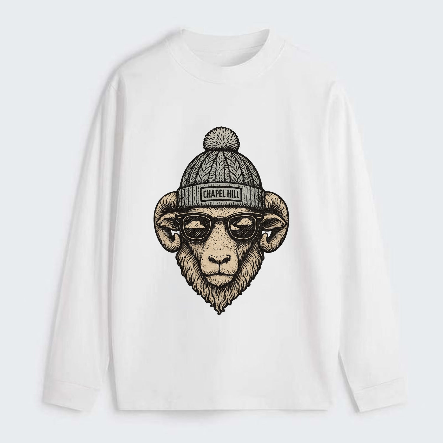 Chapel Hill Tar Heel Ram wearing UNC bea - Classic Long Sleeve Shirt - White