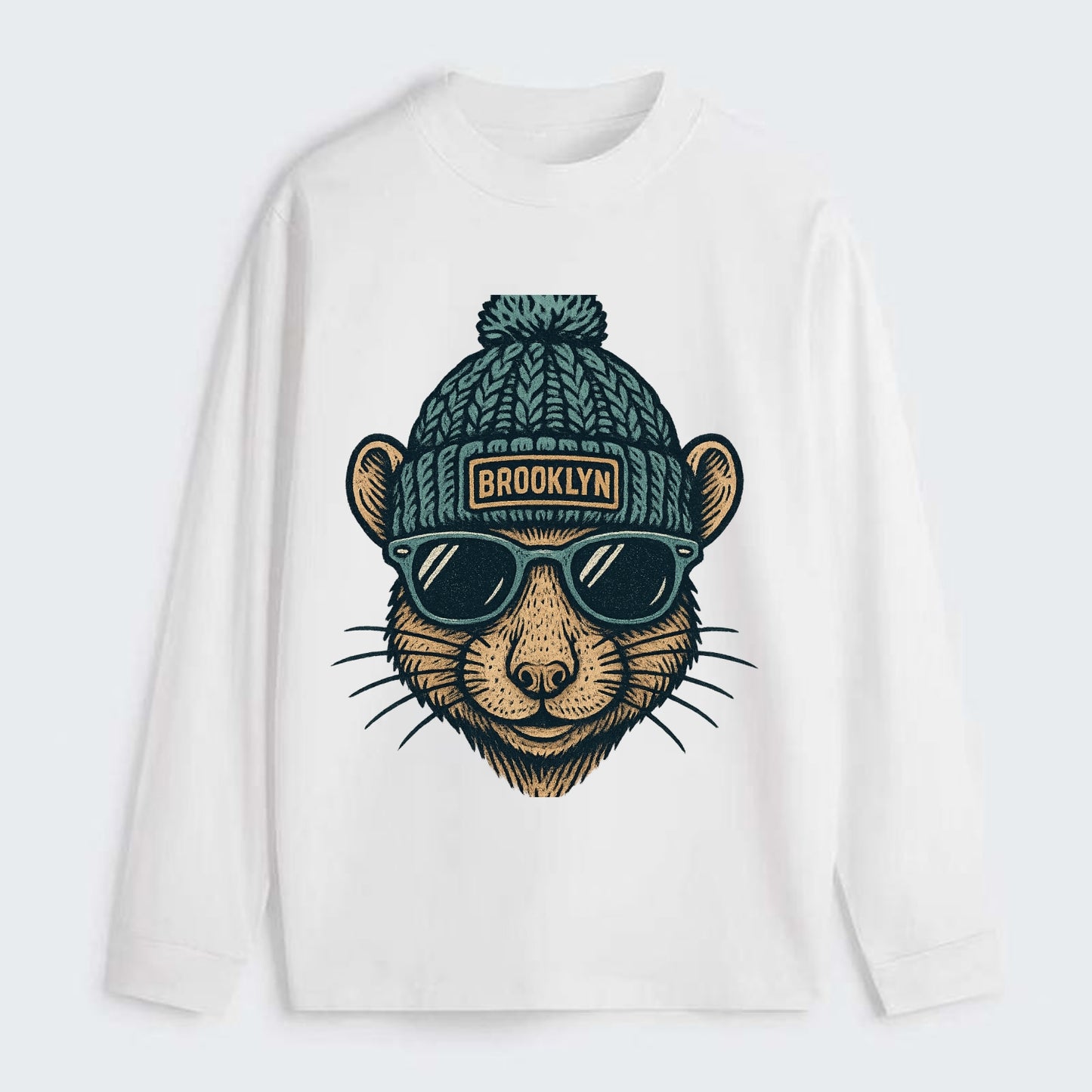NYC Rat wearing Brooklyn beanie with pom pom and wayfarer sunglasses - Classic Long Sleeve Shirt - White