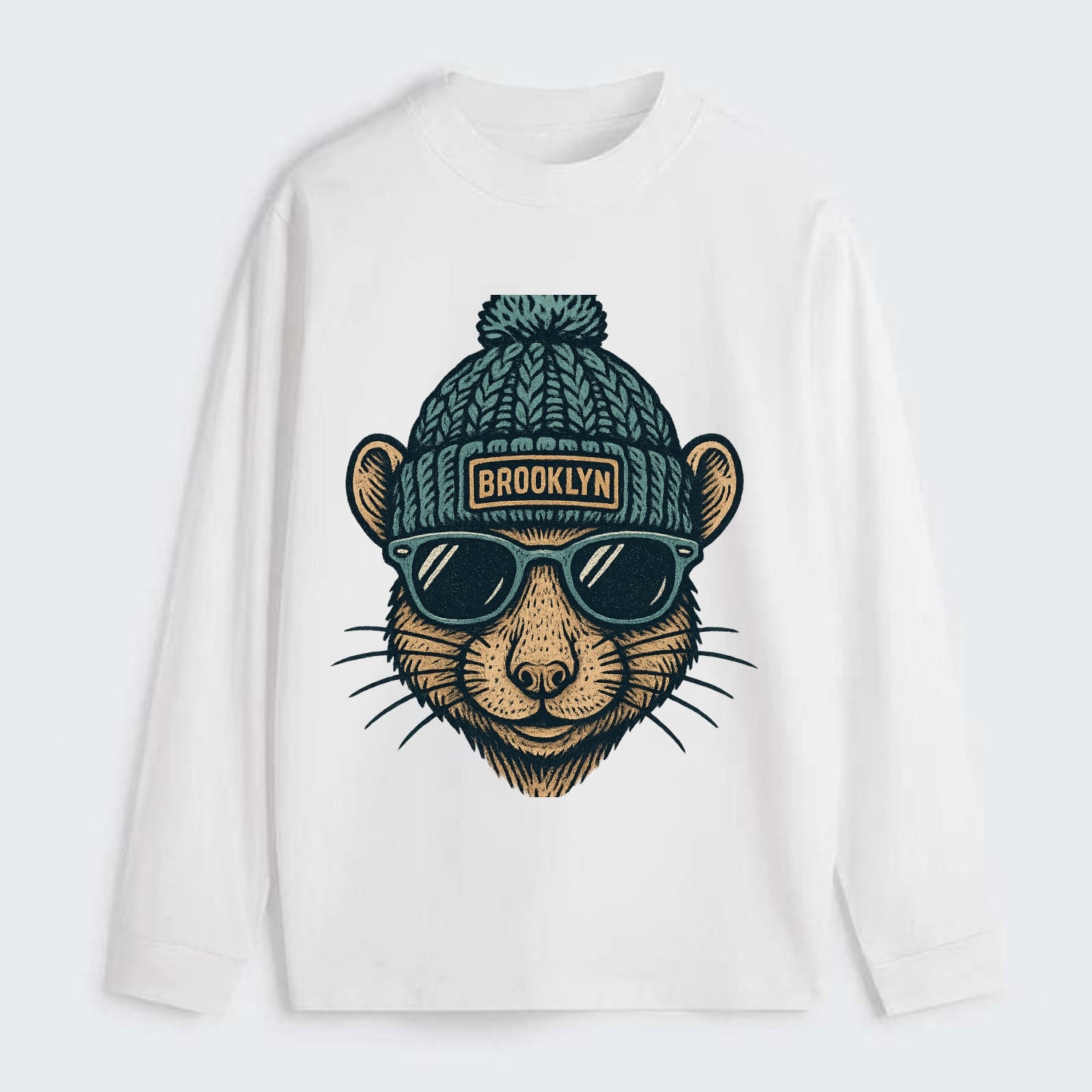 NYC Rat wearing Brooklyn beanie with pom pom and wayfarer sunglasses - Classic Long Sleeve Shirt - White