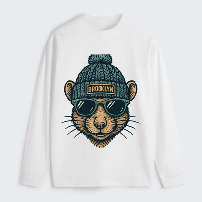 NYC Rat wearing Brooklyn beanie with pom pom and wayfarer sunglasses - Classic Long Sleeve Shirt - White