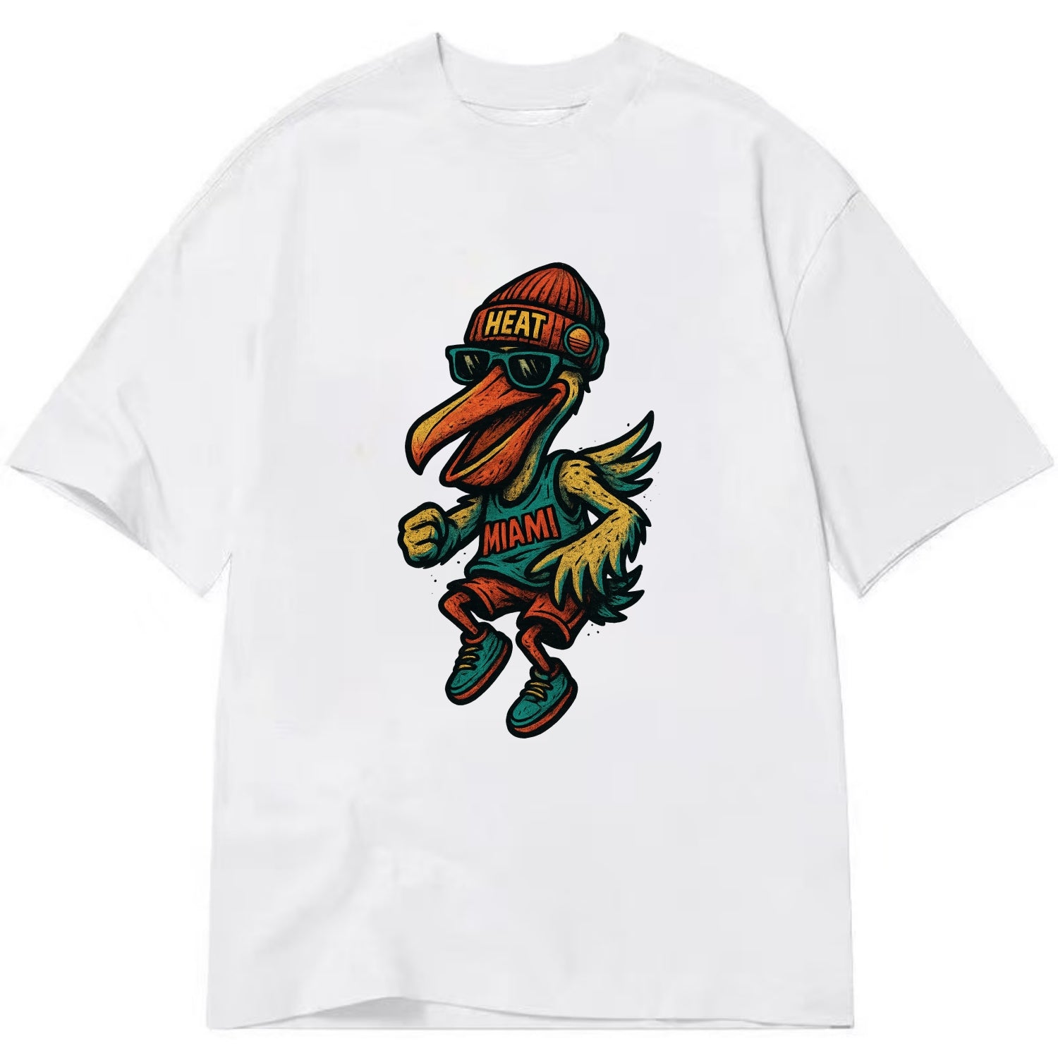 Miami Pelican wearing Heat beanie with sunset patch and wayfarer sunglasses - Classic T-shirt - White