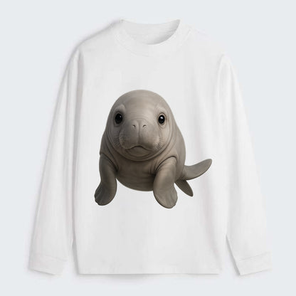 Baby Dugong - gray with paddle tail, gentle expression, whiskers, - Classic Long Sleeve Shirt - White
