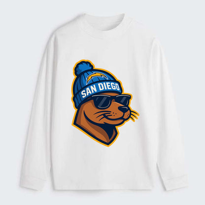 San Diego Sea Lion wearing Chargers beanie with bolt patch and wayfarer - Classic Long Sleeve Shirt - White