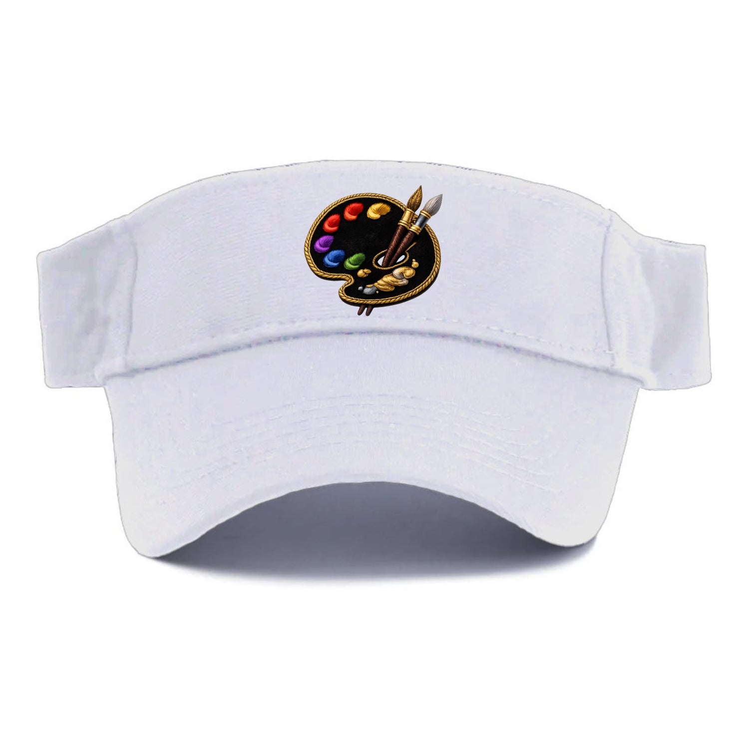 Embroidered patch design - PAINT PALETTE - artist palette with brushes in rainbow and brown - Visor - White