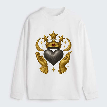 Sun goddess crown radiating golden rays over a midnight heart with - Classic Long Sleeve Shirt - White