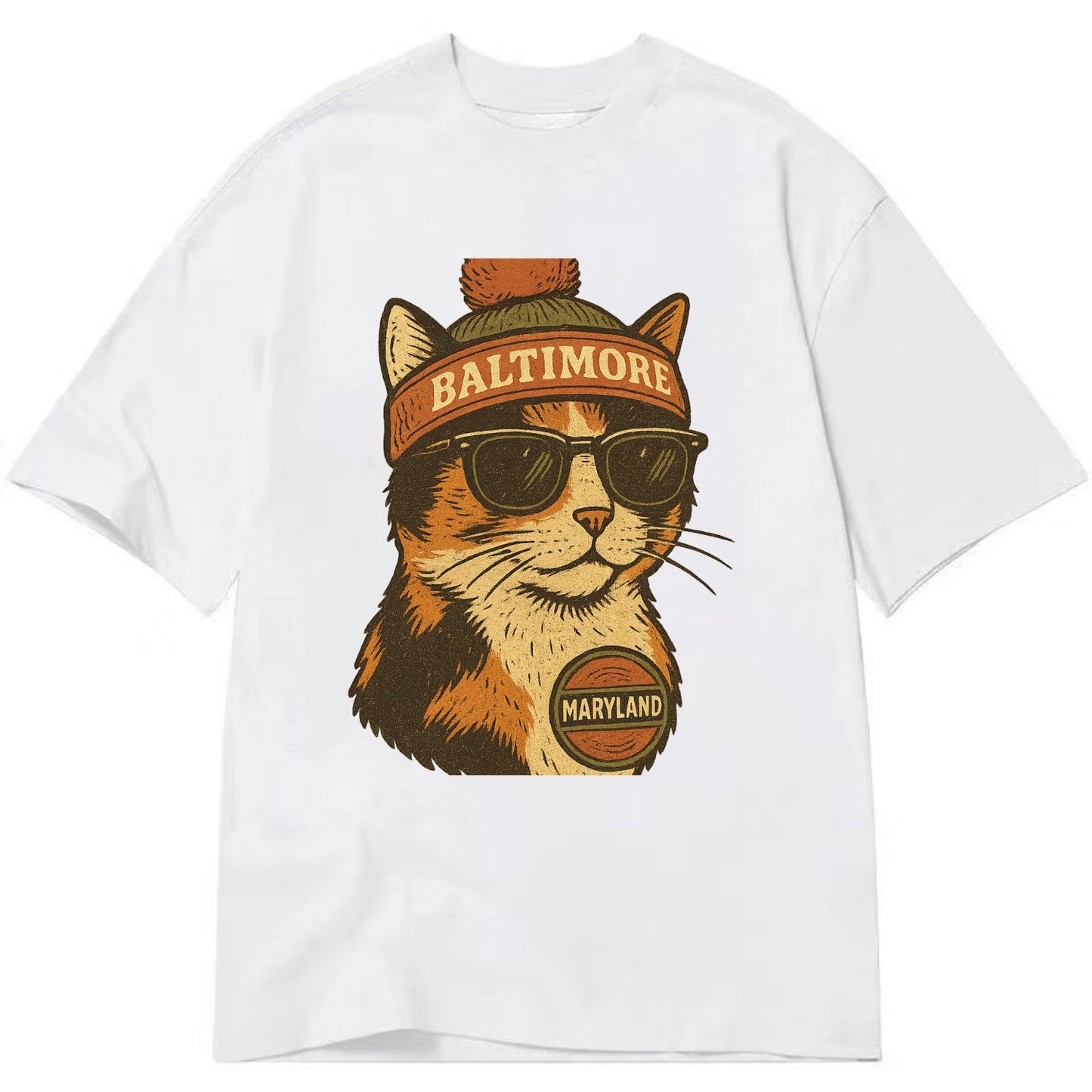 Maryland Calico Cat wearing Baltimore beanie with pom pom and wayfarer sunglasses - Classic T-shirt - White