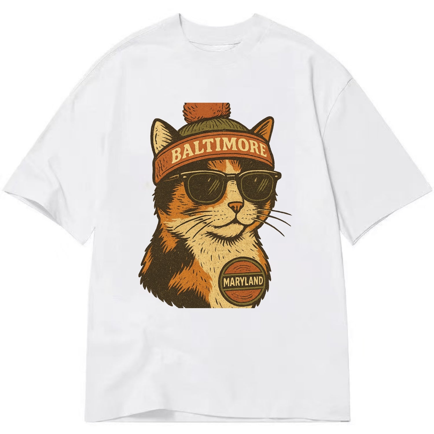 Maryland Calico Cat wearing Baltimore beanie with pom pom and wayfarer sunglasses - Classic T-shirt - White