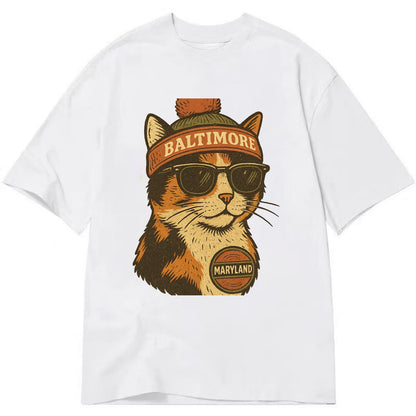 Maryland Calico Cat wearing Baltimore beanie with pom pom and wayfarer sunglasses - Classic T-shirt - White