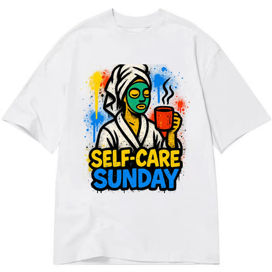 Person in bathrobe with face mask and tea - self-care Sunday ritual, wellness - Classic T-shirt - White