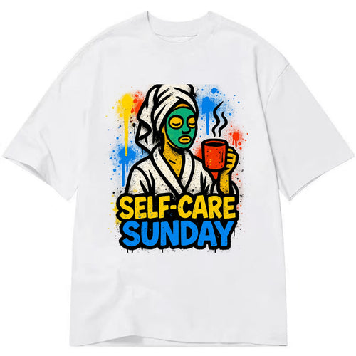Person in bathrobe with face mask and tea - self-care Sunday ritual, wellness - Classic T-shirt