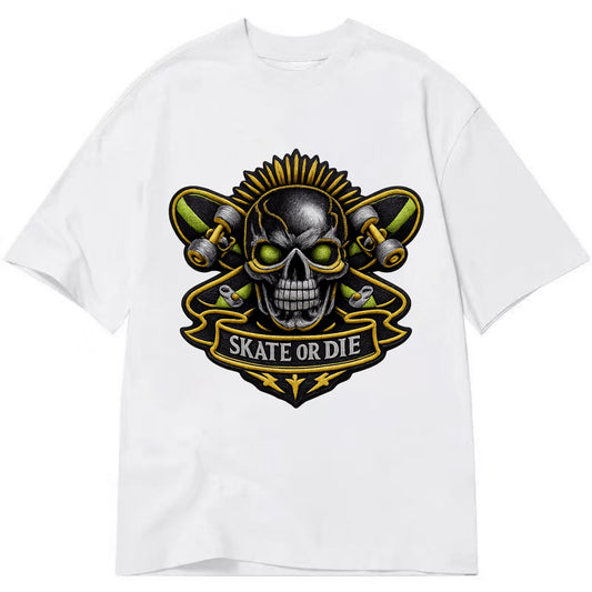 Embroidered patch design - SKATEBOARD SKULL - skull with skateboard in black and - Classic T-shirt - White