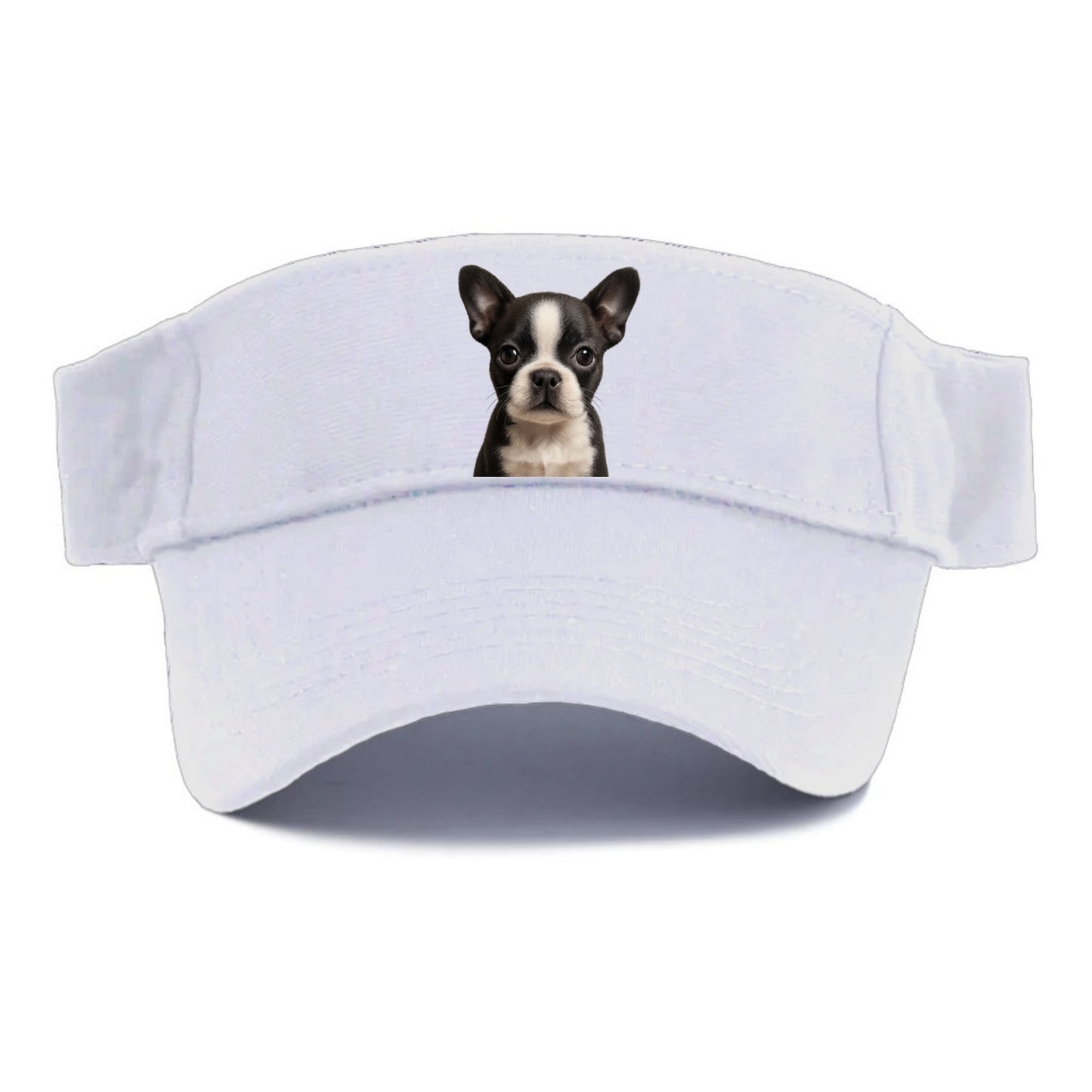 Baby Boston Terrier Puppy - tuxedo markings, big round eyes, bat ears, front-facing, - Visor - White