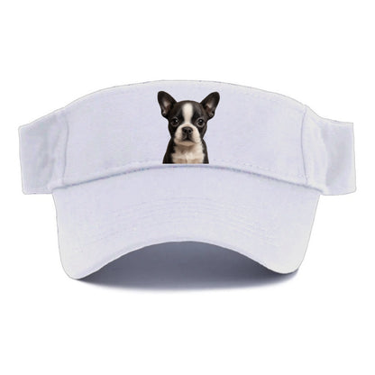 Baby Boston Terrier Puppy - tuxedo markings, big round eyes, bat ears, front-facing, - Visor - White