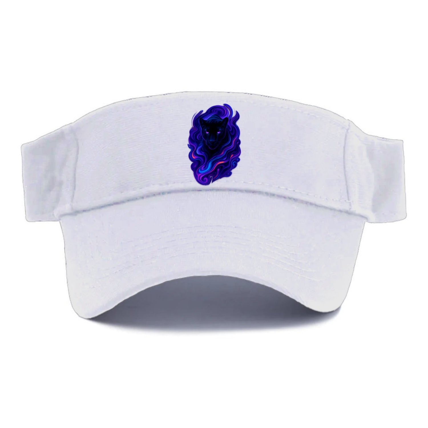 Sleek black panther emerging from swirls of deep purple and electric blue, shadow-like - Visor - White