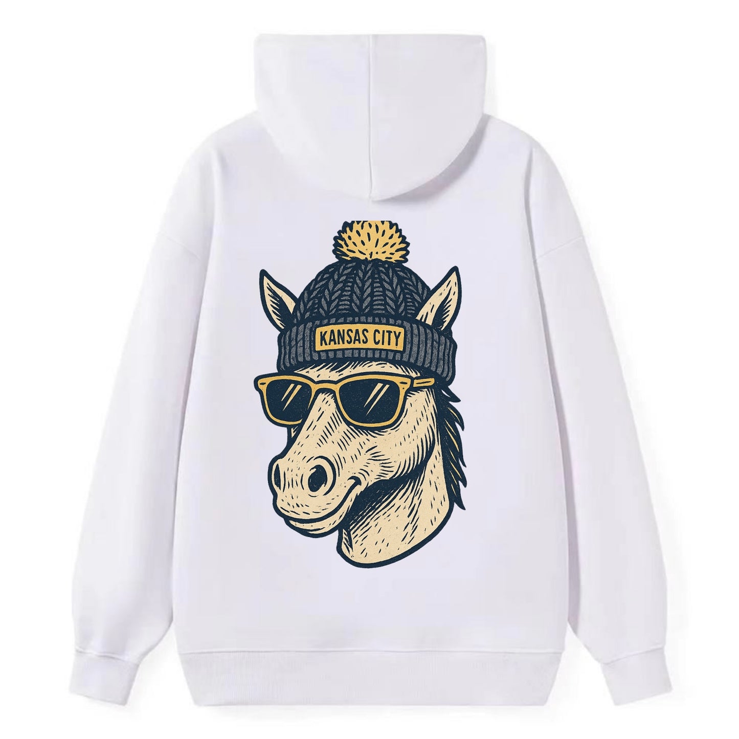 Missouri Mule wearing Kansas City beanie with pom pom and wayfarer - Classic Pullover Hoodie - White