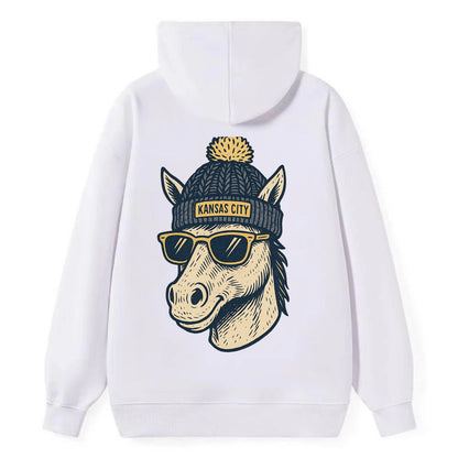Missouri Mule wearing Kansas City beanie with pom pom and wayfarer - Classic Pullover Hoodie - White