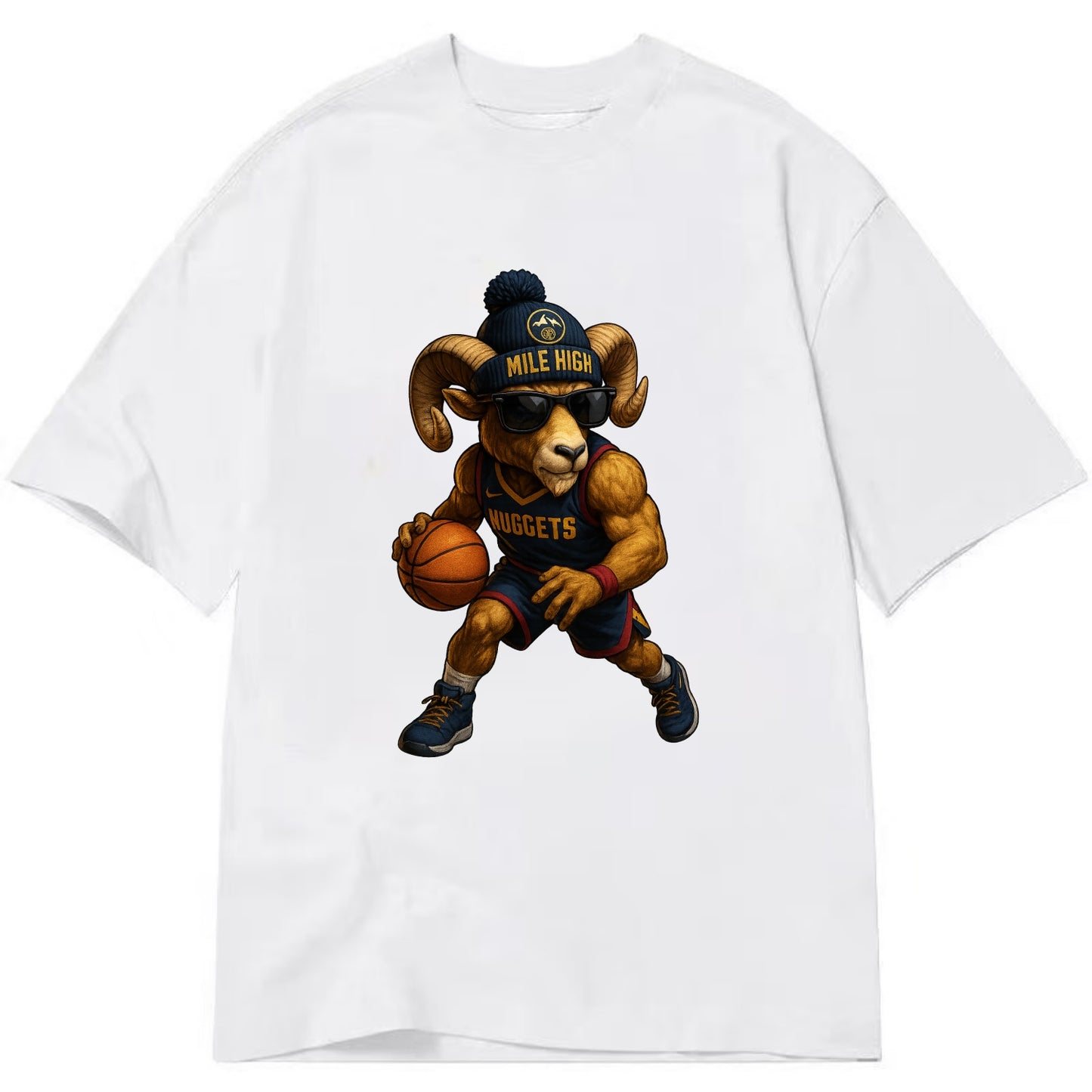 Mile High Bighorn wearing Nuggets beanie with mountain patch and wayfarer - Classic T-shirt - White