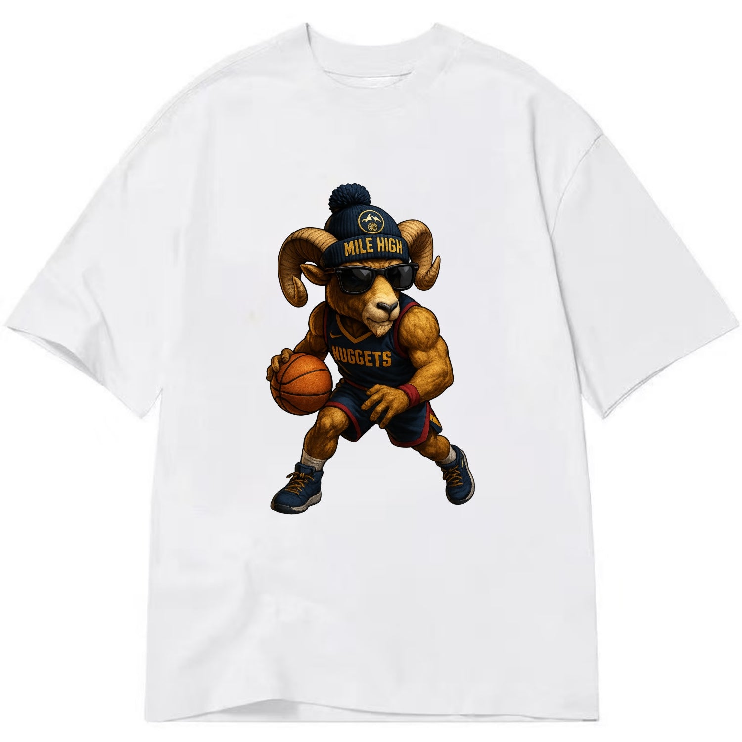 Mile High Bighorn wearing Nuggets beanie with mountain patch and wayfarer - Classic T-shirt - White