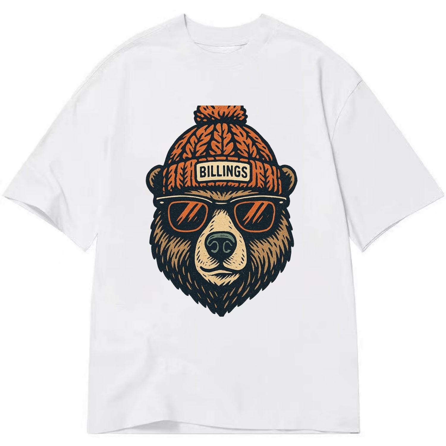 Montana Grizzly Bear wearing Billings beanie with pom pom and wayfarer sunglasses - Classic T-shirt - White