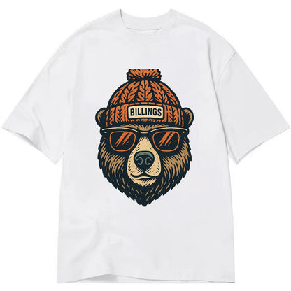 Montana Grizzly Bear wearing Billings beanie with pom pom and wayfarer sunglasses - Classic T-shirt - White