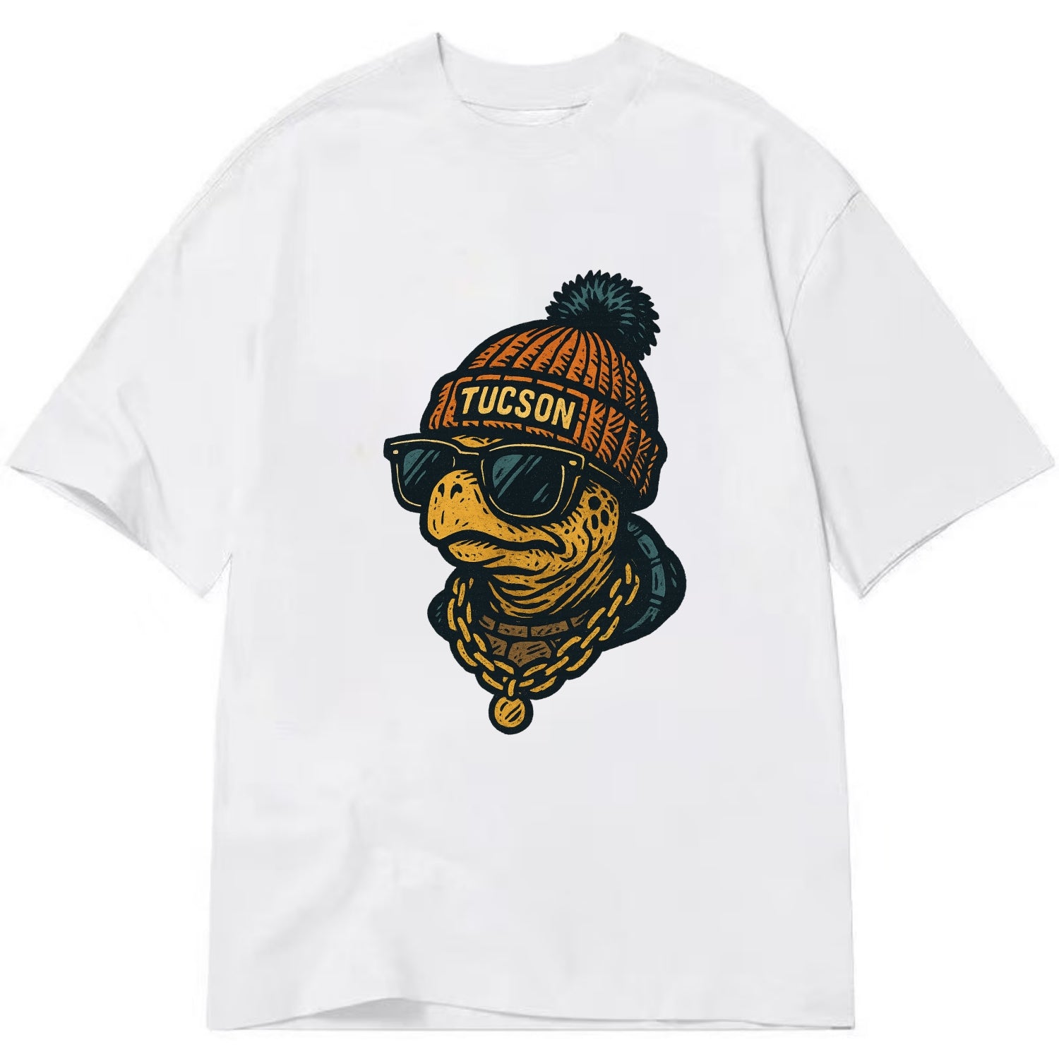 Tucson Desert Tortoise wearing Tucson beanie with pom pom and wayfarer sunglasses - Classic T-shirt - White