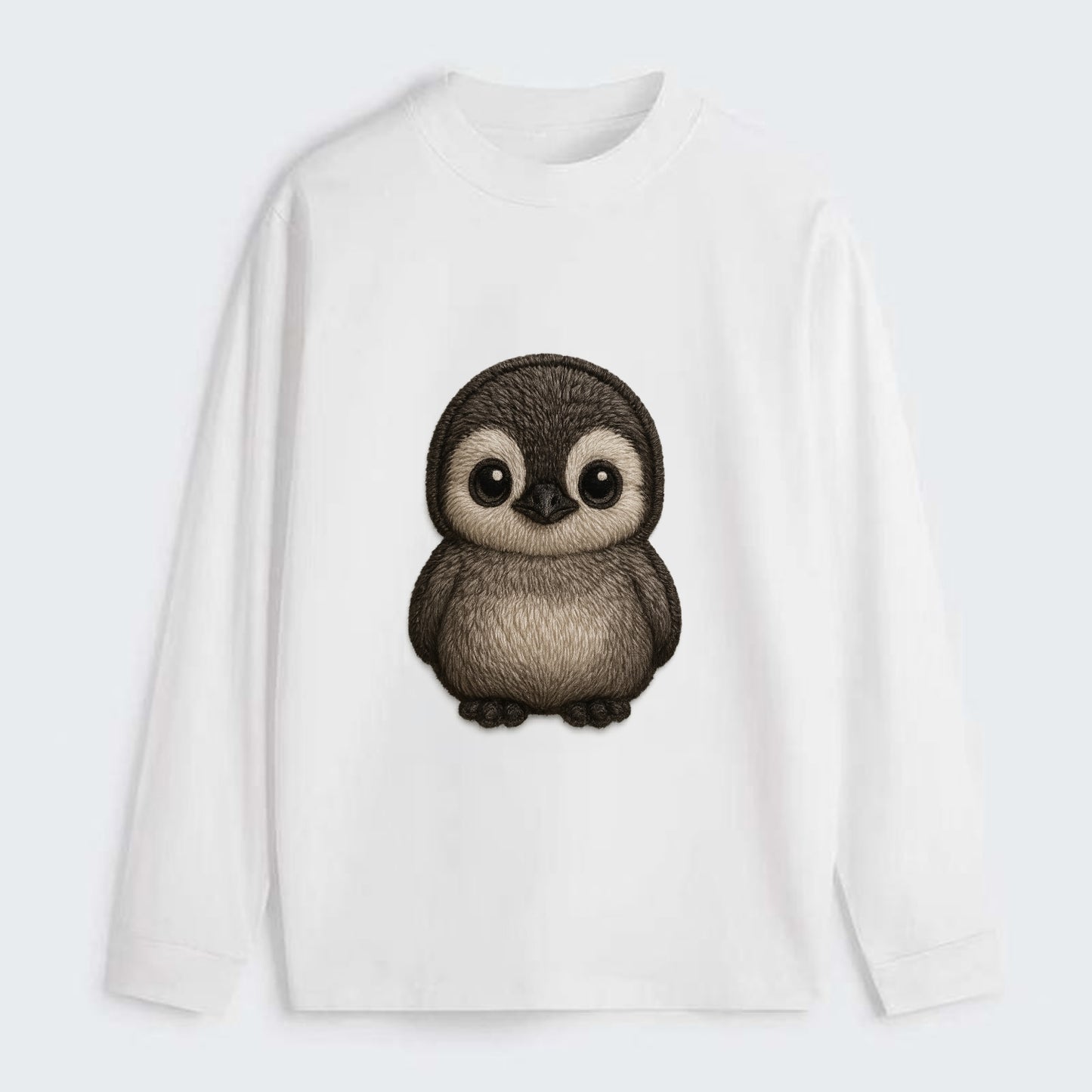 Baby Penguin Chick - gray fluffy, white face, round body, front-facing, - Classic Long Sleeve Shirt - White