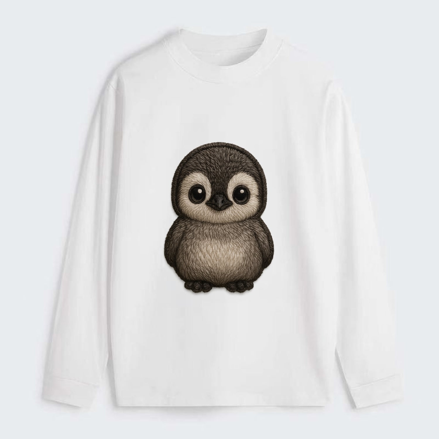 Baby Penguin Chick - gray fluffy, white face, round body, front-facing, - Classic Long Sleeve Shirt - White
