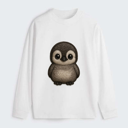Baby Penguin Chick - gray fluffy, white face, round body, front-facing, - Classic Long Sleeve Shirt - White