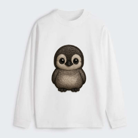 Baby Penguin Chick - gray fluffy, white face, round body, front-facing, - Classic Long Sleeve Shirt - White
