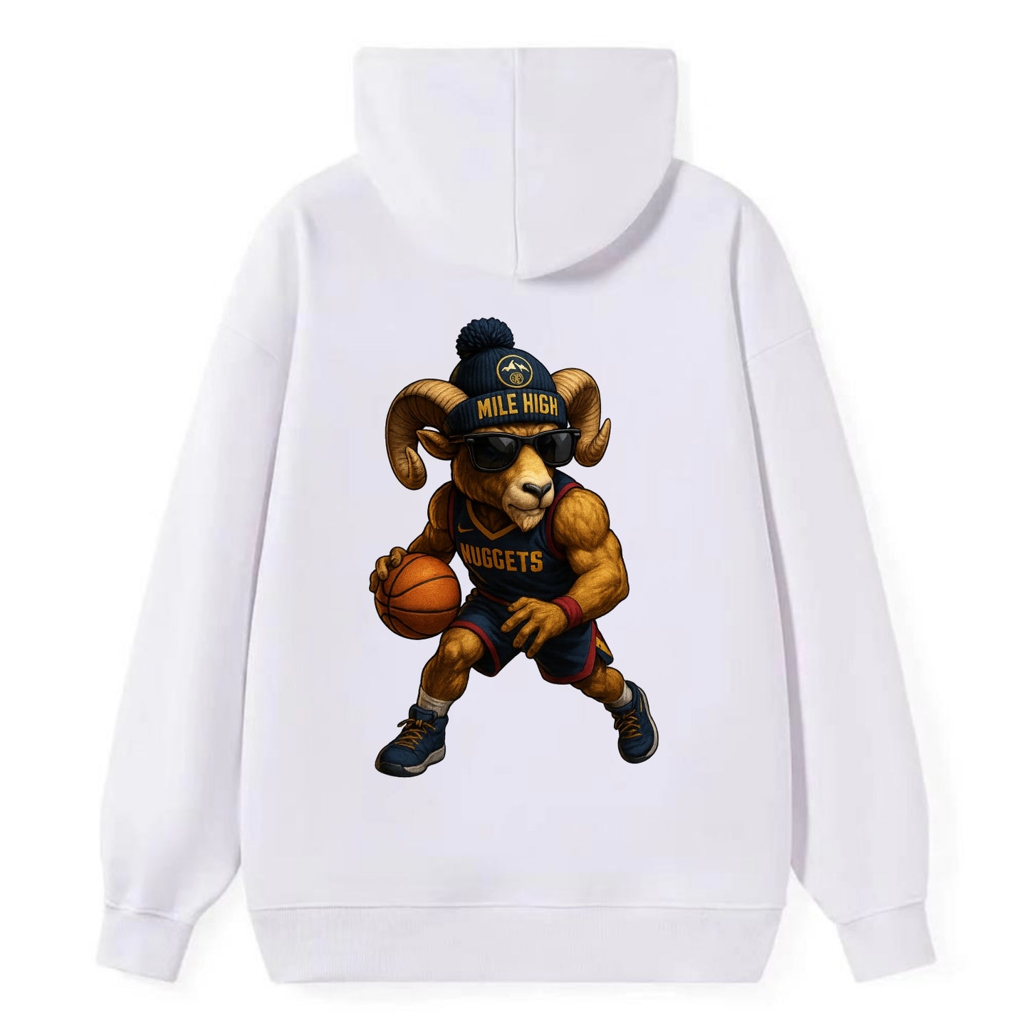 Mile High Bighorn wearing Nuggets beanie with mountain patch and wayfarer - Classic Pullover Hoodie - White