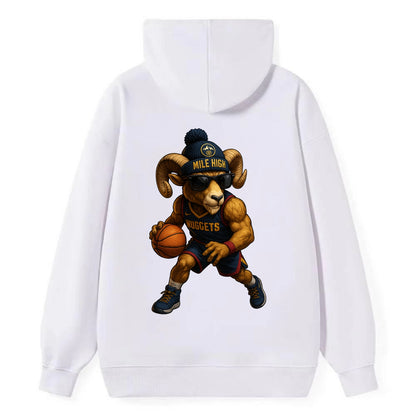 Mile High Bighorn wearing Nuggets beanie with mountain patch and wayfarer - Classic Pullover Hoodie - White